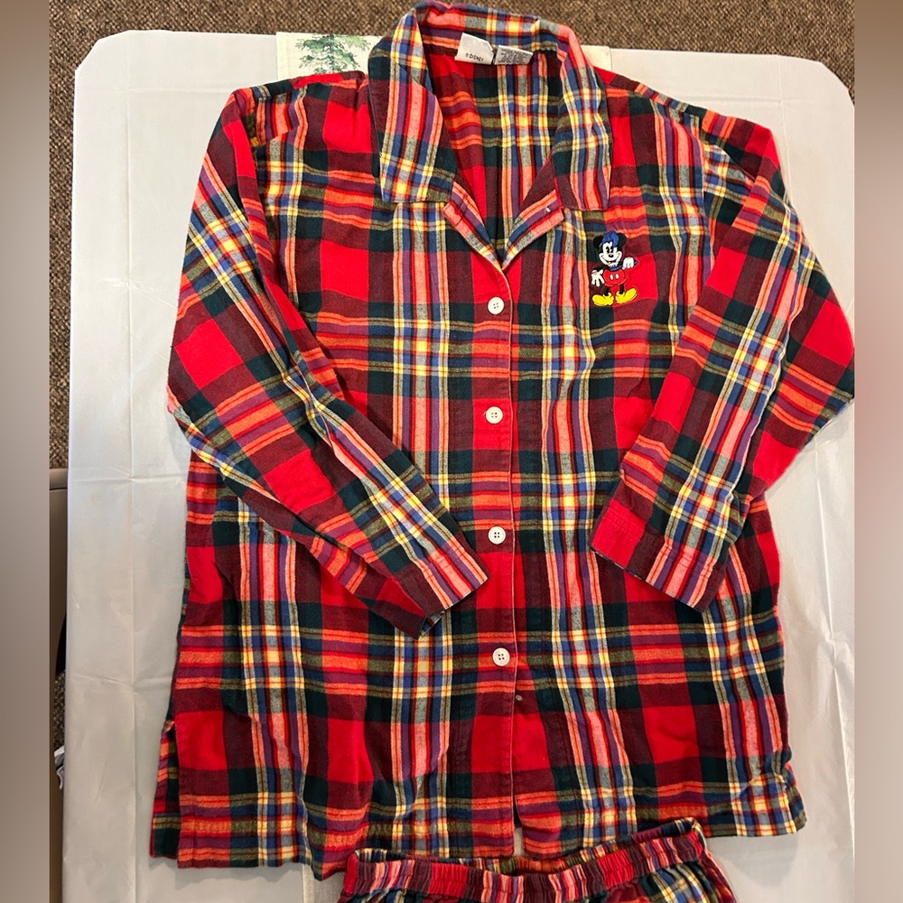 Disney Store Mickey Mouse Red Plaid Flannel Pajama Set Womens S/M 2 Piece Cotton